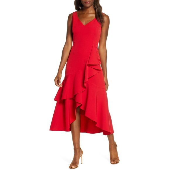 NWOT Taylor Black Label Crepe Tiered High/low Midi Dress 2 Red - Picture 2 of 12